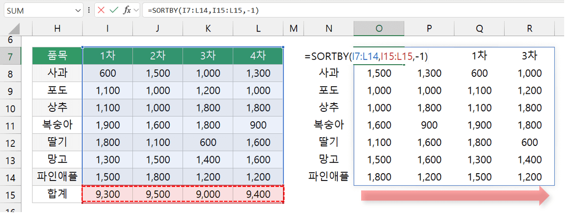 SORTBY-함수-가로방향-정렬