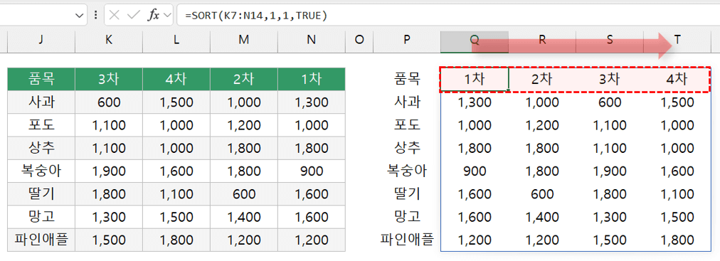 엑셀-SORT-함수-가로-정렬