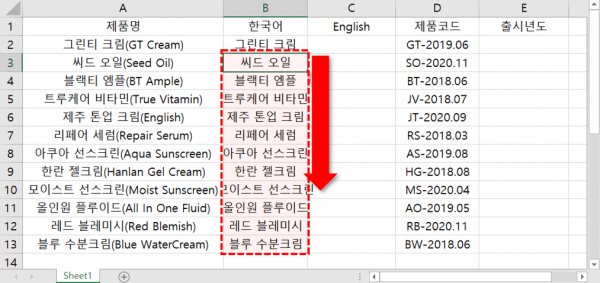 엑셀 빠른채우기 텍스트 나누기