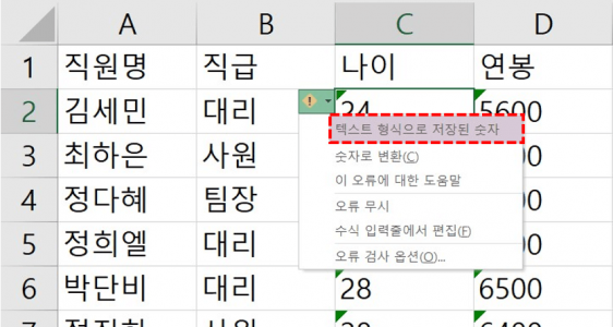 엑셀 텍스트 형식 숫자 오류