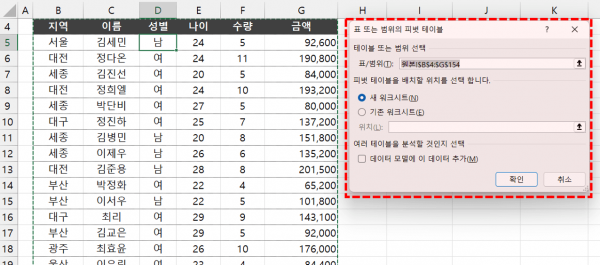 엑셀 시트 나누기 피벗테이블