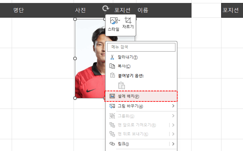 엑셀 그림 셀에 배치