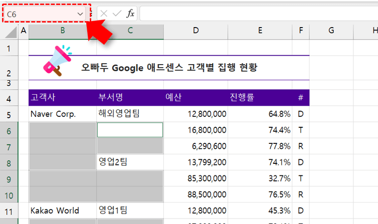 엑셀 이름 상자 활성화 셀 확인