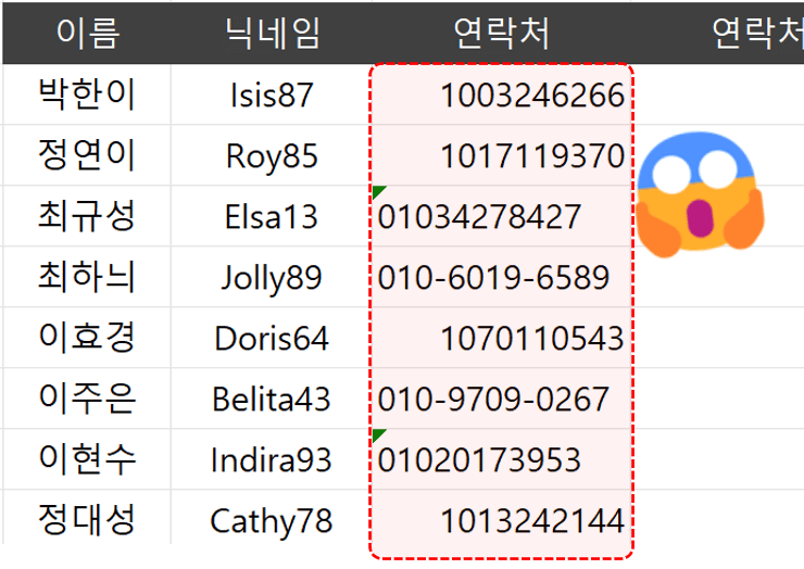 엑셀 휴대폰 번호 서식 다름