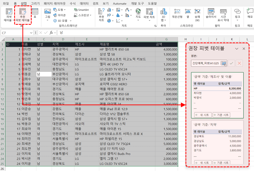 엑셀 추천 피벗테이블