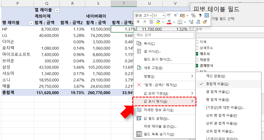 엑셀 피벗테이블 값 표시형식 비율