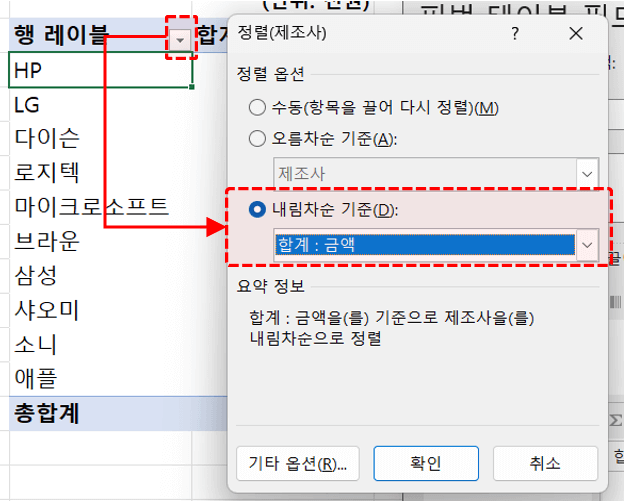 피벗테이블 합계 내림차순 정렬