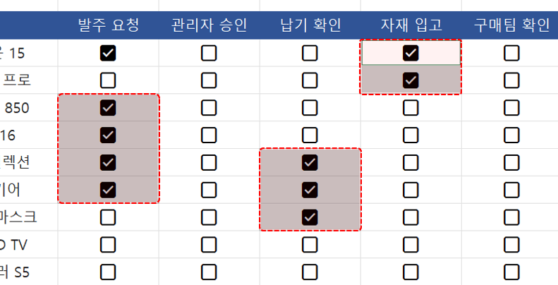 엑셀 확인란 체크박스 여러 범위 입력