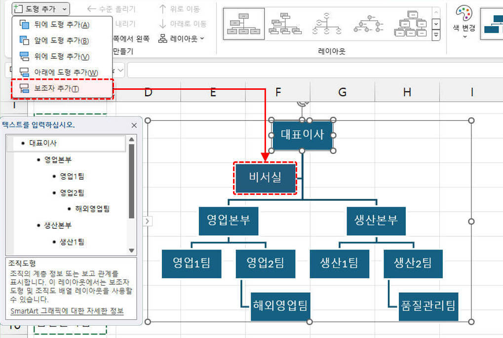 엑셀-조직도-중간-단계-보조자-추가