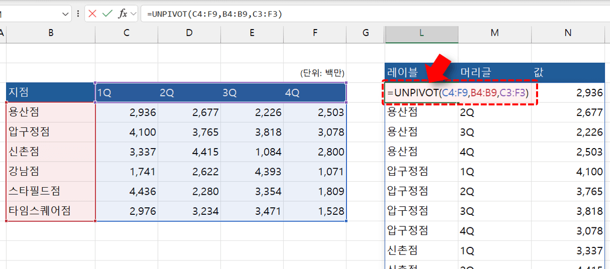 엑셀-UNPIVOT-함수-완성