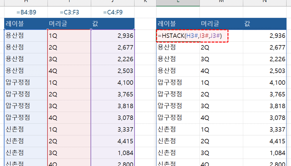 엑셀-hstack-범위-합치기